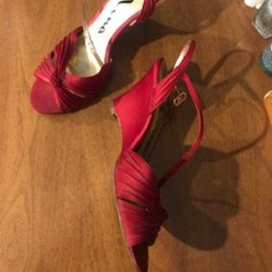 Nina Red Satin 3" Heel Ankle Buckle Sandal